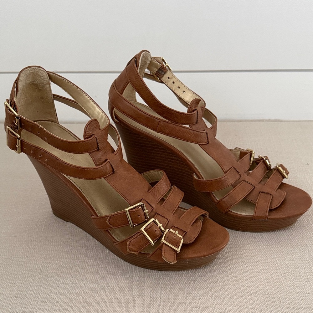 Express Brown Strappy Wedge Sandals